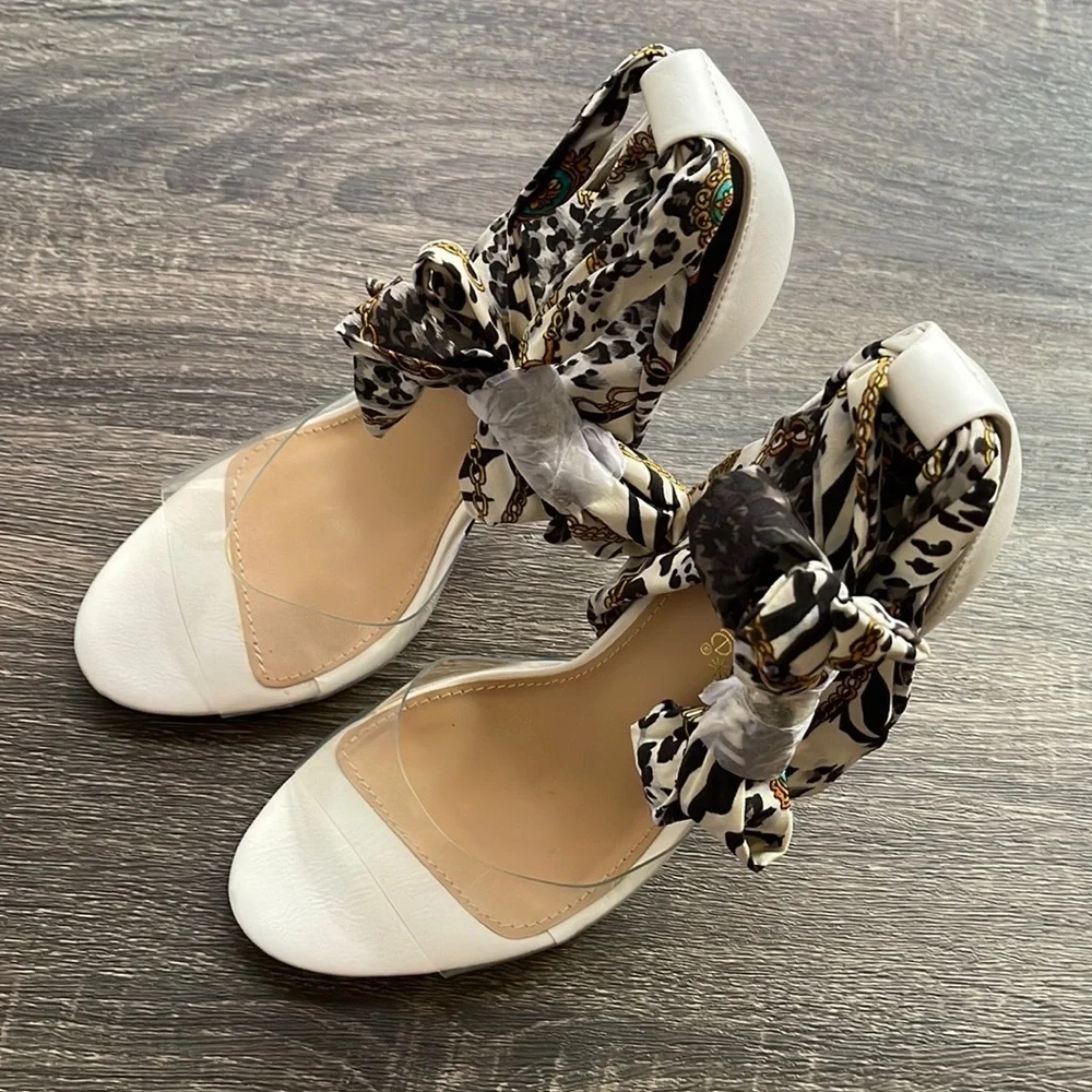 Clear Ankle Tie up Heeled Sandals, Sz 8 stiletto high heel wrap around ankle